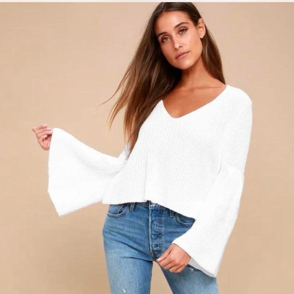 Free People white knit bell sleeve v neck sweater